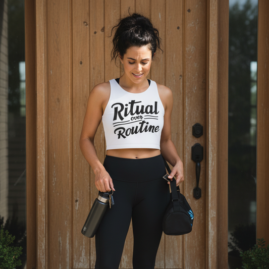 White tank top with 'Ritual over Routine' text on a light gray background